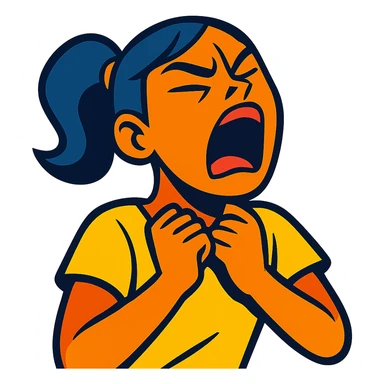 girl expressing intense emotion with hands near her neck, dramatic facial expression, vibrant toon style sticker