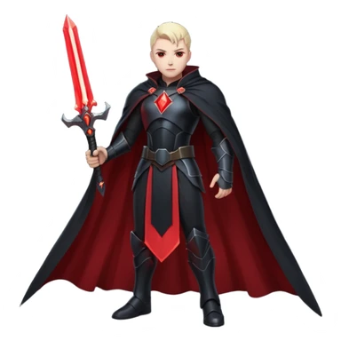 dark sci-fi villain human, black armor, long cape, glowing red energy sword, dramatic pose, 3D cartoon, mobile game icon style, clean background, no text sticker