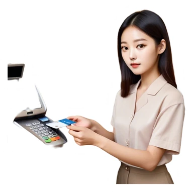 “An emoji-style illustration of a Korean person making a payment with a credit card. The person is holding a credit card and inserting or tapping it on a payment terminal. The scene suggests a typical transaction at a store or café counter, with a cashier or payment machine present. The person appears focused or content while completing the purchase. The style is minimalistic and expressive, resembling an emoji.” sticker