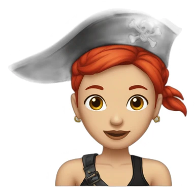 Woman red hair, left side of head is shaved, tattoo on left side of head, pirate hat, skull and crossbones t shirt sticker