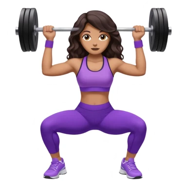 mujer de tez trigueña, con cabello castaño oscuro ondulado no muy marcado, hasta las nalgas super largo estilizado, con ropa deportiva morada/lila, tenis blancos deportivos y levantando una pesa sticker