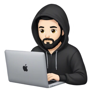 hackeur blanc cheveux noir barbe et capuche noir avec un macbook sticker