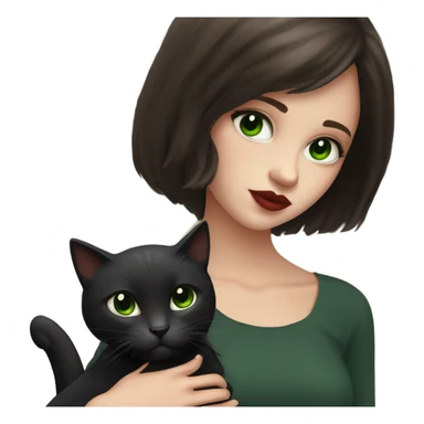 A teenage girl with white skin, she have some green hazel eyes, red lipstick, mid long straight dark brown hair, she have an eyeliner and she is holding a black cat in her arms, view from close sticker