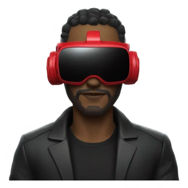 Cyberpunk man wearing black suit, red VR headset sticker