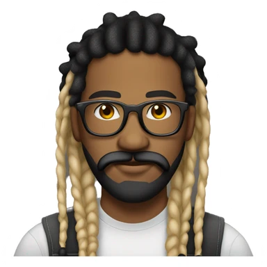 Guy with  blonde and black dreadlocks tied behind head, with big frame glasses, with beard and mustache, a trucker hat, septum ring sticker