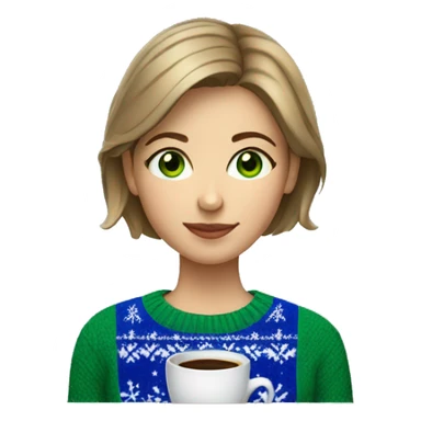 Light brown short haired girl with green eyes drinking coffee wearing blue Christmas sweater sticker
