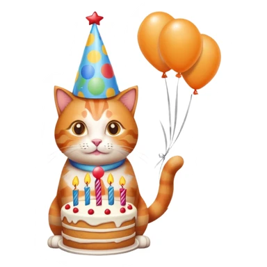 Ginger cat celebrates birthday, birthday hat, birthday cake, balloons, happy sticker