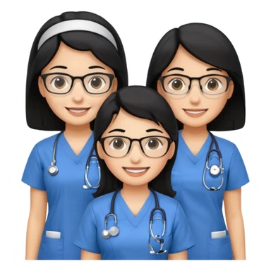 Genera emogis de 4 cuatro enfermeras de cabello negro largo, una de ellas con lentes sticker