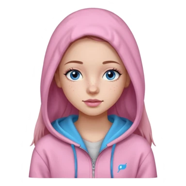 Create a TEENAGE girl with LONG and straight light brunette hair with a middle part, light skin, light freckles, and blue-gray eyes. She will have pink lips and LONG eyelashes. She will be wearing a light pink zip-up hoodie that is off her shoulder. sticker