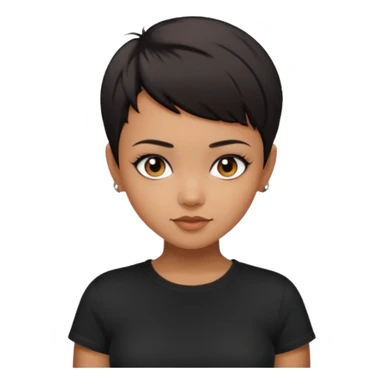 A girl with black short pixie haircut cut, dark brown eyes that almost look like black, caramel tone skin colour. Wearing a black t-shirt.  sticker