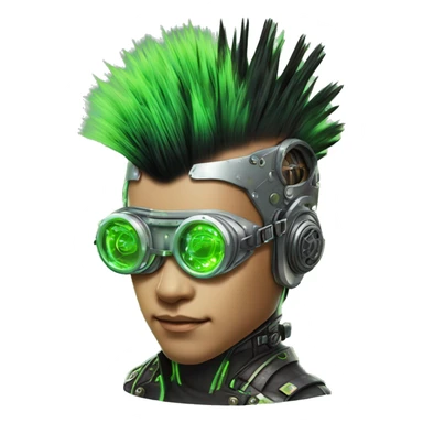 Mohawk hair with neon green highlights Asian male cyborg head with neon silver steampunk goggles and circuits sticker