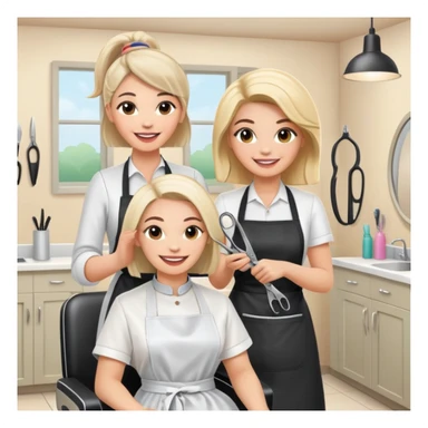 friendly and cheerful salon scene with a woman client smiling in chair wearing an apron and a female hairstylist smiling behind her holding scissors, bright and positive atmosphere sticker