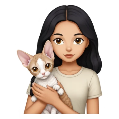 a  girl with black long hair with a white devon rex  sticker