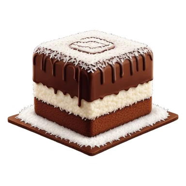 Lamington Cinematic Realistic Lamington Dessert Emoji, depicted as a sponge cake square coated in chocolate and dusted with coconut on all sides, rendered with lifelike textures and vibrant, tropical lighting. sticker