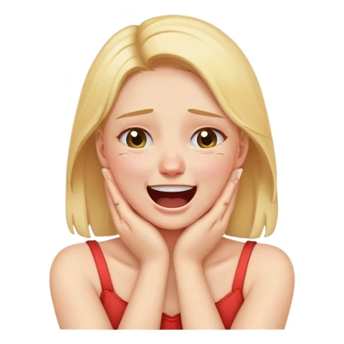 A girl holding her neck with her hands and her arms crossing with her face making a crying/laughing face sticker