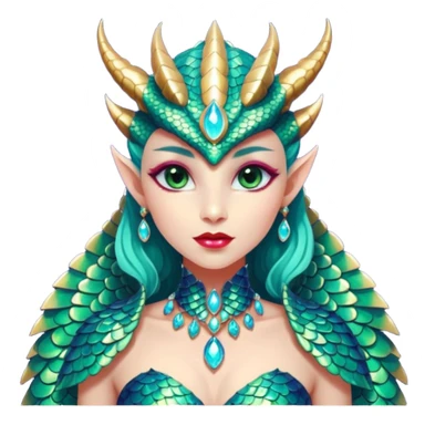 A gorgeous dragon woman with glittering jeweled scales covering her body and face. She has large almond shaped eyes, lush lips, and she wears a stunning luminescent gown. sticker