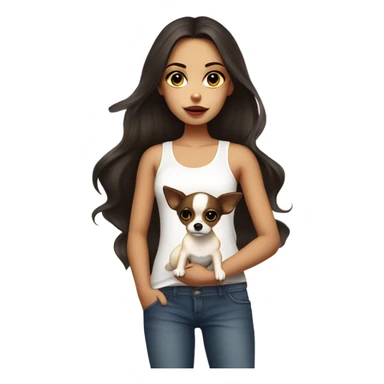A girl with long very dark brown hair, big brown eyes, very big lips wearing a white singlet top, she is holding a very small  chihuahua that is only yellow in colour sticker
