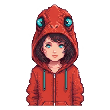 Minecraft pixel art face of Roxy, with red dinosaur onesie hood, dark hair, beard, matching the reference sticker