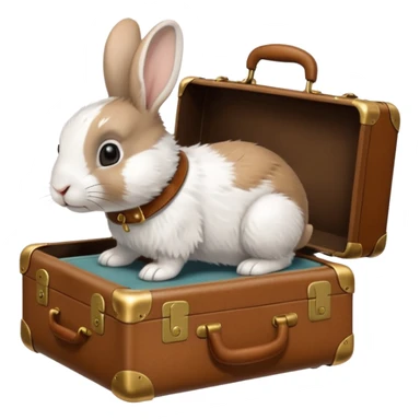A curious rabbit nudging a tiny suitcase with its nose sticker