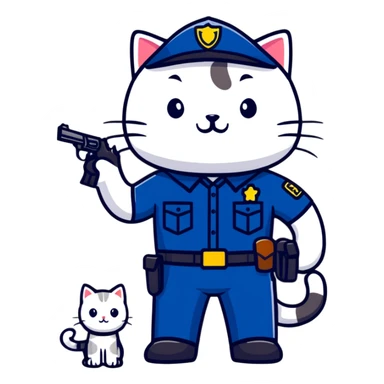a police officer standing next to a mischievous cat holding a toy gun sticker