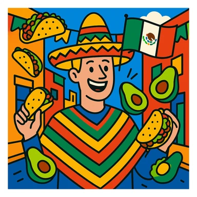 festive Cinco de Mayo cartoon of a tall white American with blonde hair, smiling, wearing a colorful poncho, holding a taco and an avocado, waving a Mexico flag, surrounded by tacos and avocados, on a lively street background, bright and bold colors sticker