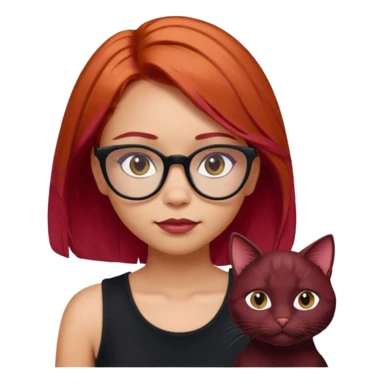 iPhone emoji of a girl with light red hair, shoulder-length hair, a small mole above her left eyebrow, wearing a black sleeveless top, and subtle dark maroon cat-eye glasses. sticker
