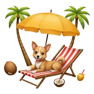 a dog laied on a beach chair, a sunny beach, a sun umbrella, and beach coconut trees. the icon should capture the essence of a relaxing beach vacation with a carefree atmosphere sticker