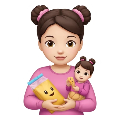 Cute small Toddler emoji with two buns dark brown hair, fair skin, in pink top, holding toddler snacks sticker