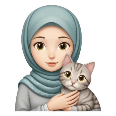 White hijab girl with printed hijab holding grey tabby cat sticker