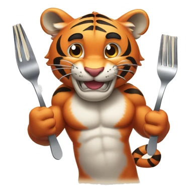 a muscular grinning tiger holding a fork poking into a fillet of salmon with the tip of its paws sticker