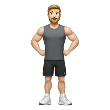 Full height Actively gesturing with hands Pale skinned Fit Man With the biceps and brown hair in dark gray Sleeveless Mike, black oversize sports shorts, watch and white Sneakers sticker