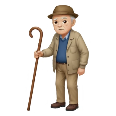 Old man leaning on a walking cane and holding his crancky back with his hand, grumpy face, detailed sticker