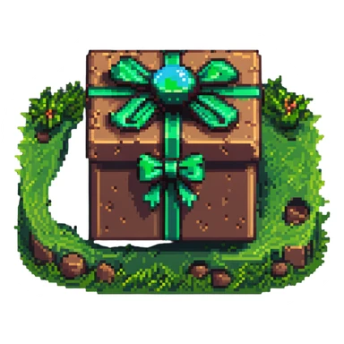 cinematic voxel gift box with earth-brown clay-flecked sides, neon-green grass top, glossy emerald ribbon with beveled edges, bow forming two symmetrical viewing scopes, floating mid-air, soft ambient light and deep shadows, dramatic violet background, pixel-art nostalgia and discovery sticker