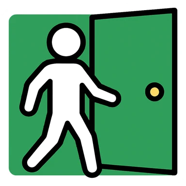 minimalistic icon of a white human figure walking through an open outlined door, viewed from the front, door with visible doorknob, solid green background, flat simple clean lines, high contrast sticker