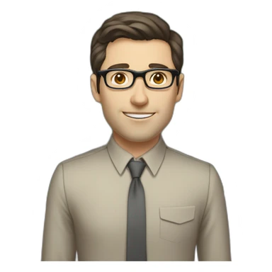 Pale skinned fit man with dark brown hair in gray jacket, beige office shirt, brown tie, brown pants and vintage glasses Writing on the marker board sticker