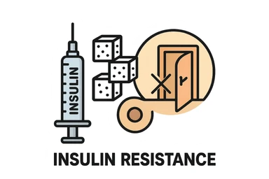 realistic and symbolic icon of insulin resistance, no background, 2:3 aspect ratio, showing a symbol representing insulin, glucose, and difficulty entering cells, clean, clear, and easily recognizable style sticker
