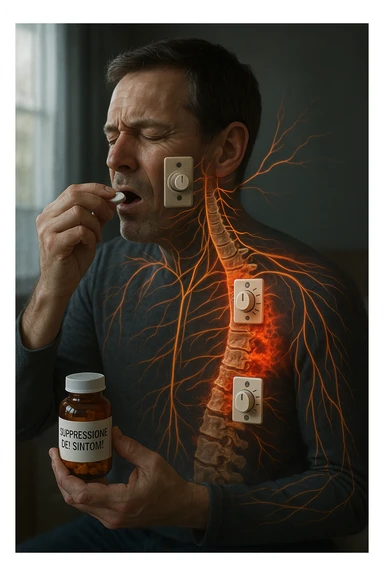 Realistica cinematic Man taking pain medication for chronic back pain, pills shown as dimmer switches turning down pain signals in transparent nervous system overlay, underlying spinal damage remaining completely untreated and worsening, expression of temporary relief masking progressive deterioration, medication bottle labeled 'symptom suppression' not 'cure', root cause inflammation continuing to spread in italiano sticker