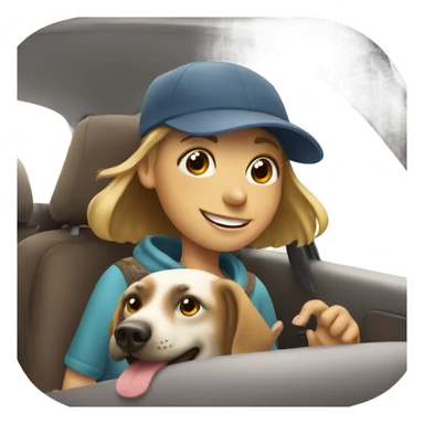 girl smiling in car with dog and mushroom cap sticker
