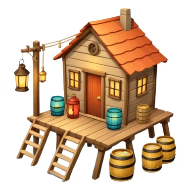 
fisherman house on a wooden pier, small dock, fishing nets hanging, barrels, lantern, ocean vibe, 3D cartoon, cute mobile game icon, clean background, no text
 sticker