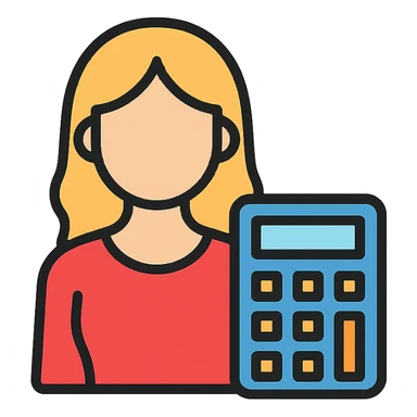 woman in a red dress with a calculator, simple and iconic sticker