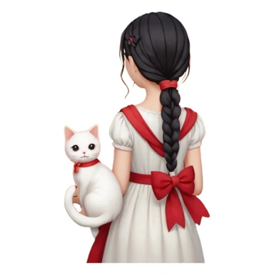 girl with long dark braid and bow, red scarf, white dress, holding white cat on shoulder, seen from behind, standing in a field at sunset, iOS emoji style, smooth glossy texture, soft lighting, kawaii, high detail, preserve all clothing and accessory details, sunset and field background sticker