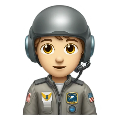 A white young boy with brown hair and a airplane pilot suit and a radio helmet sticker