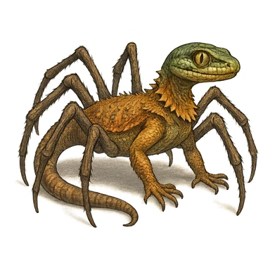 a hybrid animal combining a spider's legs, a bearded dragon's body, and a snake's head, unique and imaginative style, fantasy creature, detailed sticker