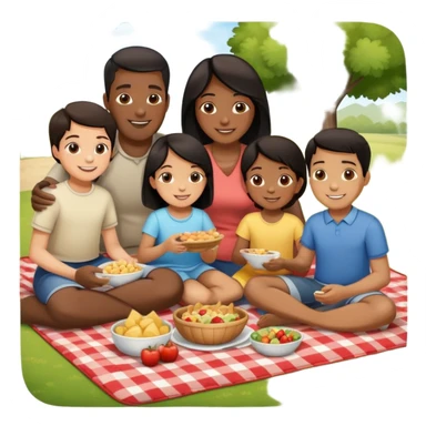 Diverse family picnic with Black parents and children with dark hair sitting on a blanket enjoying food outdoors sticker