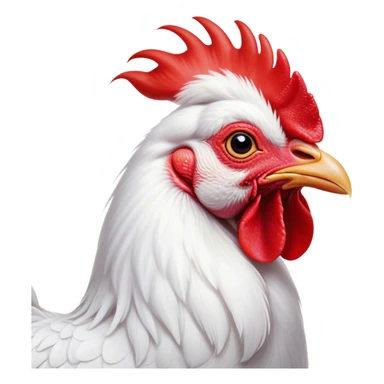 Cinematic Cute White Rooster Portrait Emoji, Head tilted playfully and inquisitively, featuring a glossy, immaculate white plumage with a vibrant red comb, round, sparkling eyes filled with curiosity, Simplified yet irresistibly adorable features, highly detailed, glowing with a warm, friendly glow, high shine, affectionate and spirited, stylized with a touch of farmyard whimsy, bright and endearing, soft glowing outline, capturing the essence of a mischievous yet loving rooster, so playful it feels like it could strut out of the screen and into your arms! sticker