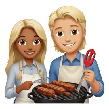 Brown girl in love blond boy grilling meat sticker