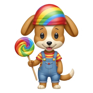 Generate a emoji of a dog with a comically large rainbow swirly lollipop with a goofy silly propeller hat, make the dog wear a striped bright yellow, red, and blue shirt with jean overalls sticker