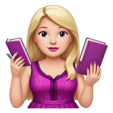 A plus-size white woman with long, straight blonde hair is wearing a magenta lace sleeveless dress. She is standing with magenta nail polish and holding a book and a crayon.. sticker
