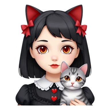 girl wearing black Lolita style dress, with medium-length black hair with red tips, and a gray American Shorthair tabby cat sticker