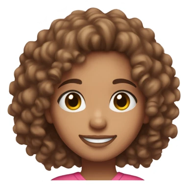 Light skin girl with brown curly hair, brown eyes and a pink outfit smiling sticker